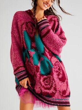 NWT $298 Free People Pink Rose Pattern Knit Sweater XS/S